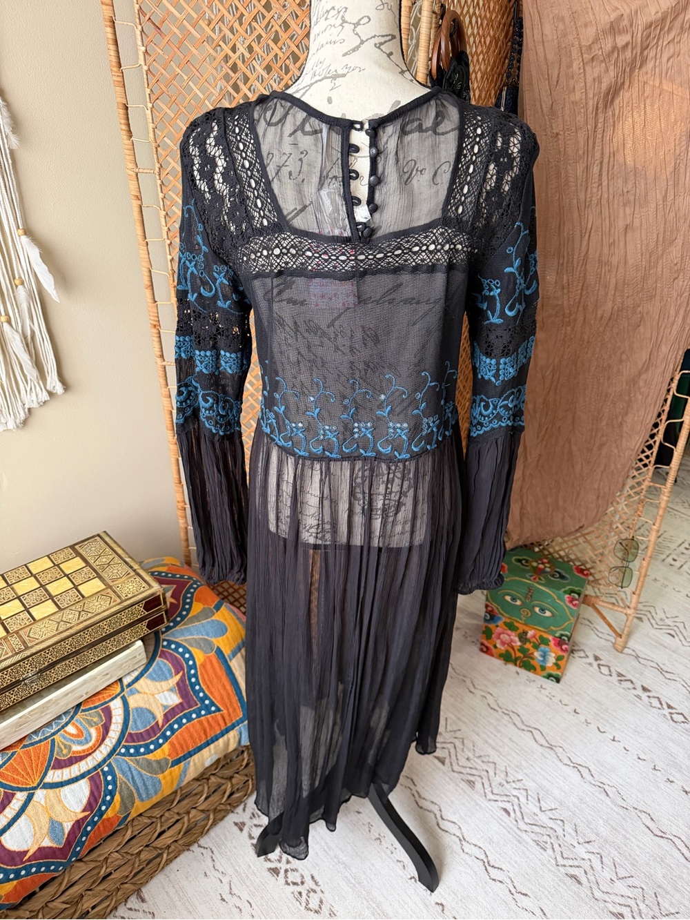 Free People Long Black Tunic Sweet Sunny Days Embroidered Top - Picture 10 of 16